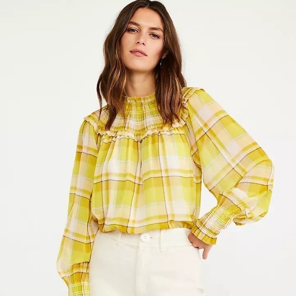 Ann Taylor Women’s Med Blouse Top Smocked Plaid Romance Victorian Academia Sheer